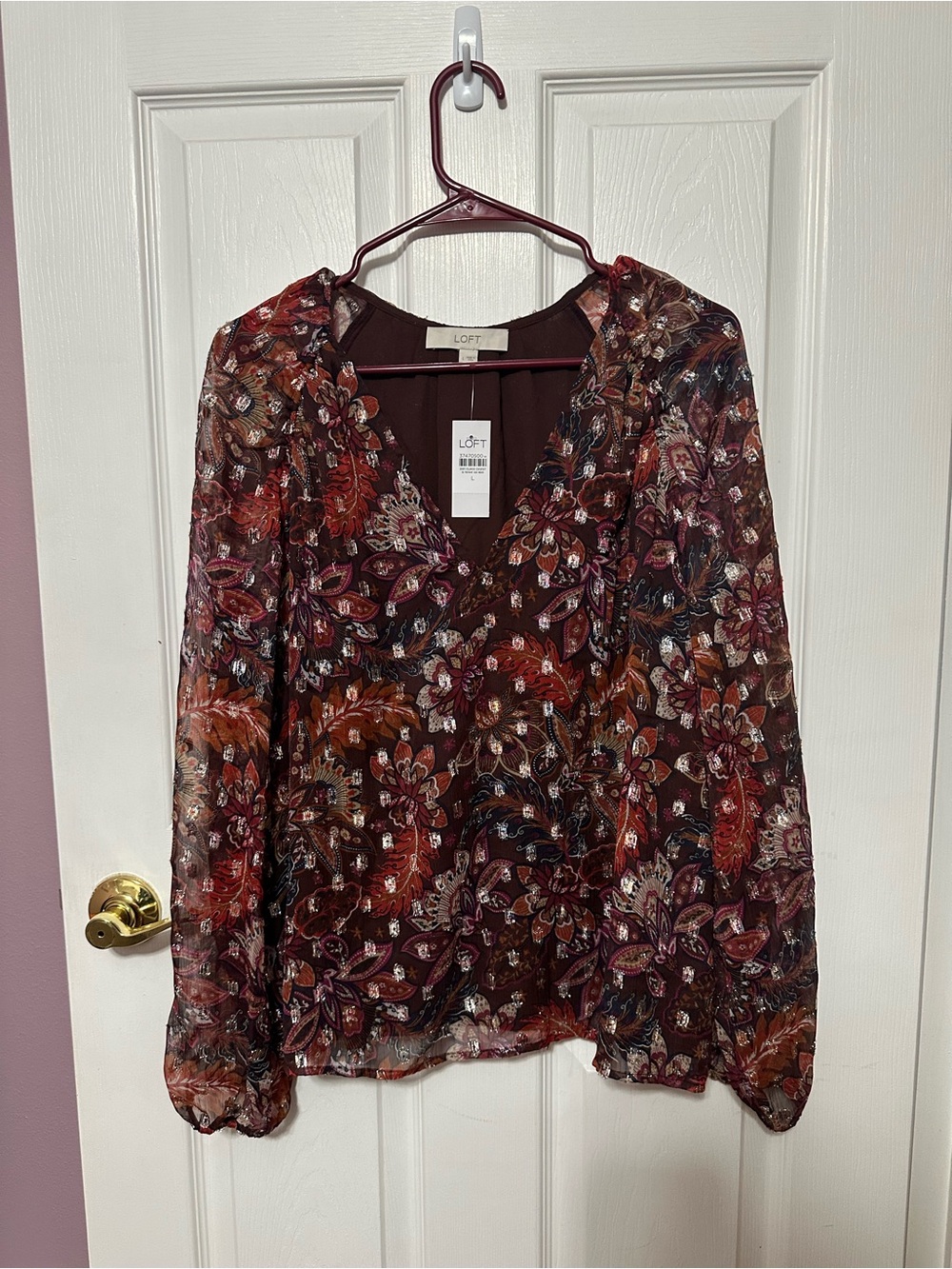LOFT Large NWT Women's Burgundy Floral with Silver Metallic Accents